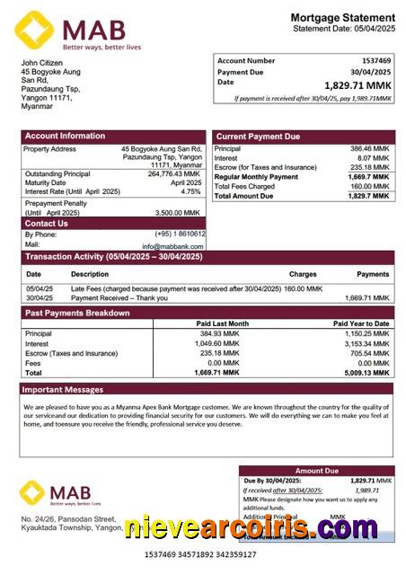 Myanma Apex Bank mortgage statement Word and PDF template